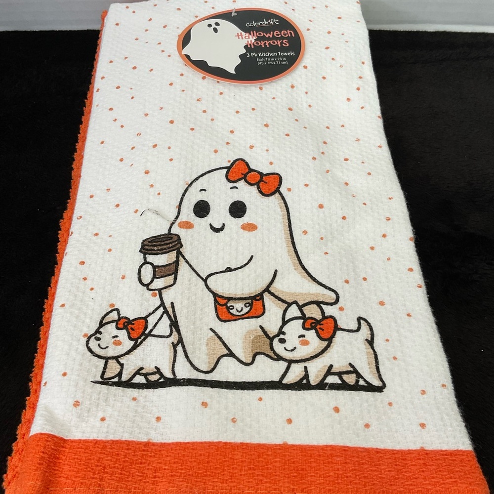 Ghost with Coffee walking Dogs Kitchen Towels (2 white and orange 1 Orange)
